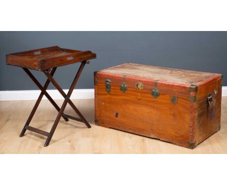 A 19th century mahogany Butler's tray on stand 70cm wide x 44cm deep x 78cm high together with a camphor wood trunk, 108cm wi