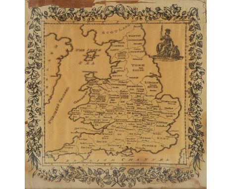 A George III or Regency silkwork map sampler of England, set within a ribbon tied floral border, 43.5cm x 42.5cmCondition rep