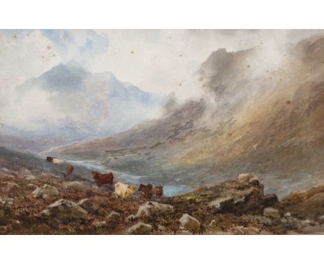 W Harford Two Highland landscapes, watercolours, each signed lower left, 33cm x 52cm together with a 19th century seascape wa