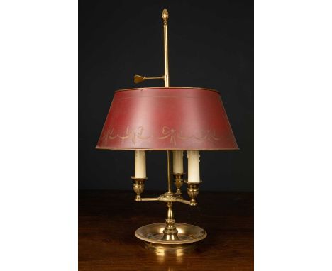 A brass bouillotte style table lamp with three lights, painted toleware adjustable shade, and with a pinecone finial, 58cm h