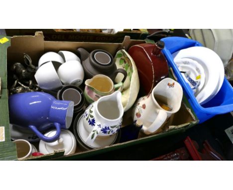 Two boxes of decorative jugs, Carltonware dish, ornaments etc  