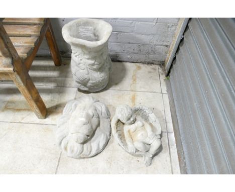 Composite Toby character jug form planter, lion face garden ornaments and recumbent cherub 
