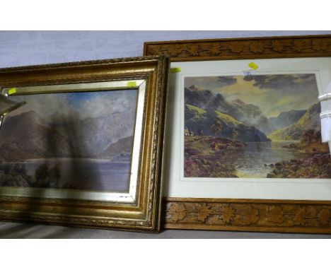 Unsigned oil painting, lake scene, and Highland cattle print