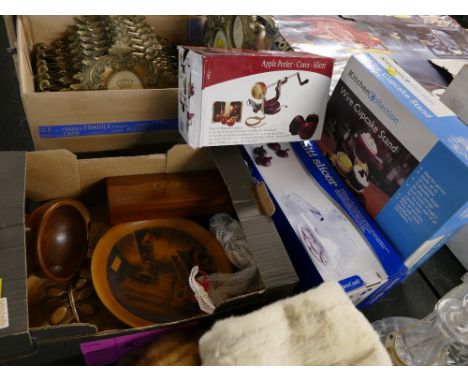 Box of Treen, decorative plate, bridge boxes, apple peeler, multi-slicer and wire cupcake stand