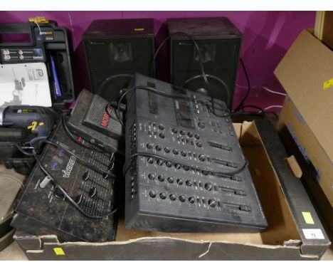 Box of vintage sound mixing equipment including Yamaha MT4X multi-track cassette recorder and pair of SBF linear phase speake