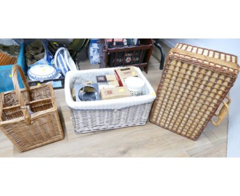 Picnic hamper, wicker wine basket and basket containing Bamboo candles  