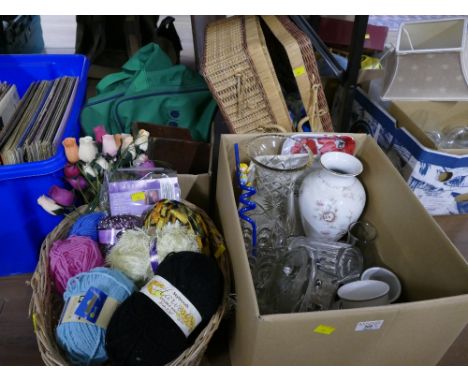 Hamper basket, box of glassware and vases, basket of wool and box of bookends, bag and glassware