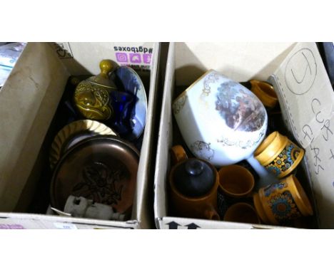 Two boxes of decorative plates, vases, Saddler tea service etc 