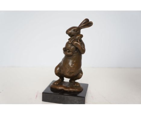 Bronze rabbit &amp; bunny on marble base signed 