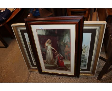 A coloured Old Master style print of a knight being Knighted; a print of a sea battle scene; another of a clipper ship in moo