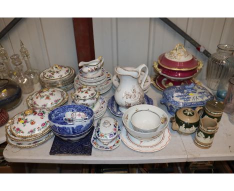 A 19th Century blue and white willow pattern tureen; a Victorian soup tureen on stand; various Victorian and later tea and di
