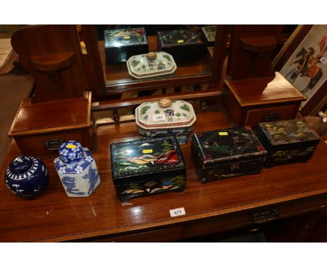 A Chinese "Hawthorn" pattern ginger jar; another similar; an Oriental pattern tureen and three lacquered trinket boxes 