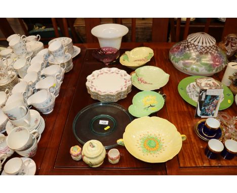 Four Carlton ware dishes, a ruby glass pedestal dish, other coloured glassware, Royal Doulton dessert plates etc.