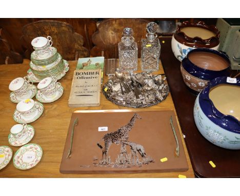 A Rhodesian copper tray decorated giraffes, a plated tray, various cutlery, two glass decanters, a Rolls razor etc.