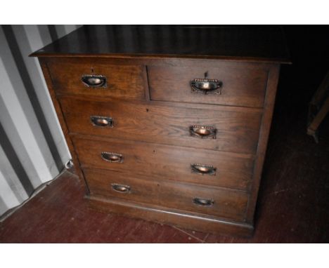 A 19th Century oak chest of two over three drawers, with copper Art Nouveau handles, approx W105, H103cm