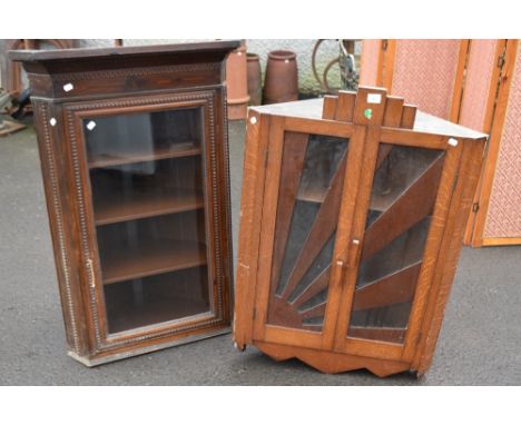 An Art Deco oak corner wall display cabinet and an earlier mahogany similar