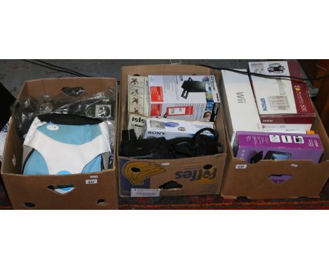 Three boxes of mixed photographic equipment and electrical goods to include a Nintendo games console and a super 8 cine proje