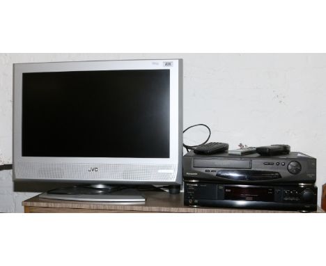 A J.V.C 26" flatscreen T.V model number LT-26DR7SJ television, a Panasonic video plus and a Panasonic DVD all with remote con