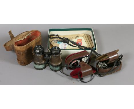 A lot of collectables including a pair of vintage cased binoculars two vintage cased light meters, ephemera and antique mount