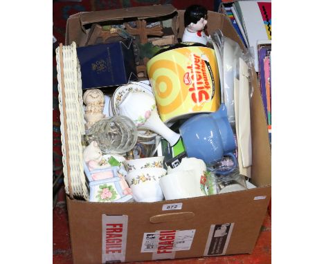 A box of miscellaneous ceramics, bone china, tea wares, part cuckoo clock, stylophone etc