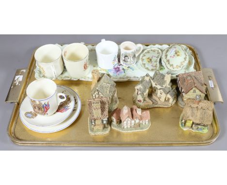 A tray lot of collectables to include commemorative china and model cottages.