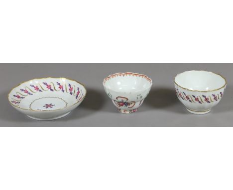 A late 18th century English porcelain wrythen moulded tea bowl and saucer probably Worcester and a Chinese export ogee tea bo