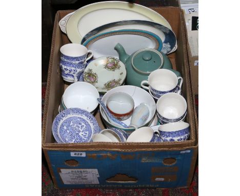 A box of mixed ceramics including Colclough, blue and white willow pattern, Royal Worcester part tea service etc.