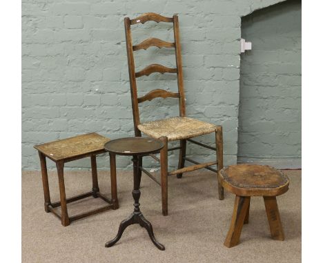 A ladder back rush seat chair, oak occasional table, oak three leg leather top stool with hunting scene and a Georgian tripod