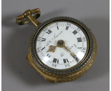 An C18th fusee pair cased fob watch with verge escapement by Terrot & Fazy with enamelled portrait miniature on rear of case,
