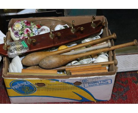 A box of miscellaneous to include Sylvac and Hammersley examples and two pair of wooden juggling clubs.