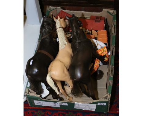 A box of childrens toys to include equestrian related, along with Britain model Land Rover and Horse boxes etc.