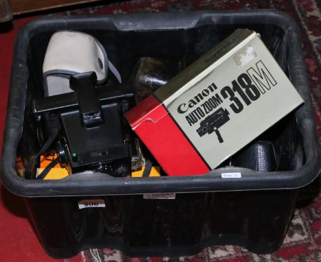 A box of photographic equipment to include Canon and Polaroid.