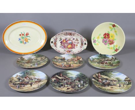 A Clarice Cliff honey glaze oval dish, Masons fruit basket dish, Wadeheath bowl and six Wedgwood cabinet plates.