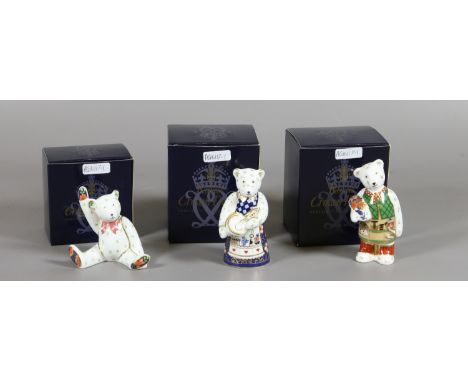 A set of three boxed Royal Crown Derby paperweights, minigw teddy bear cook, gardener and mitted bear vict, first quality. Co