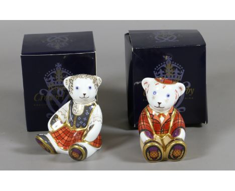 A pair of boxed Royal Crown Derby paperweights, Stazer Scottish teddy with certificate, gold stopper, first quality and Shona