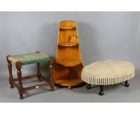 A pine corner shelf and two footstools.