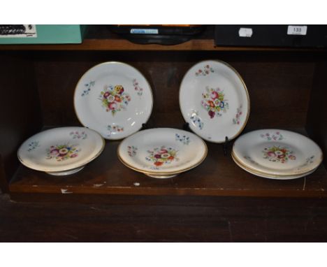 A set of five Victorian Royal Worcester porcelain dessert plates with two tazza's all hand decorated with floral patterns.