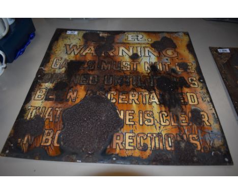 A distressed vintage enamel railway sign, 'F.R warning....'