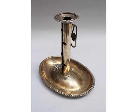 Empire silver house candleholder, on oval tazza with central column, with adjustable candle movement, handgrip with monogram 