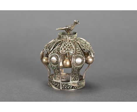 Judaica , silver finial crown , in filigree technique, with open work, bird finial; inside bell. Weight 122g. 9cm height