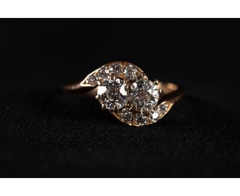 Gold Ring 585 with 2 large diamonds and 8 smaller ones, total 1,2 carat