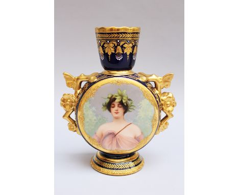 Vienna Style Porcelain vase , amphora shape with side grips  and long neck, painted with girls portrait and flowers surrounde