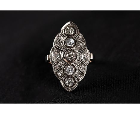 Art Deco Gold Ring 585, with  large 5 Diamonds , and small Diamonds 1,1 carat,