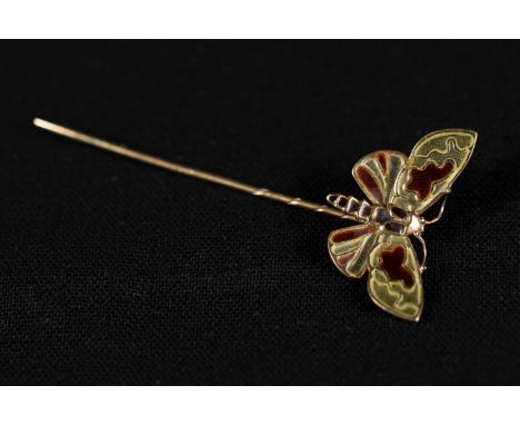 Art Nouveau Butterfly pin, 14k gold and transparent red and white enamel. 1900. 6cm length