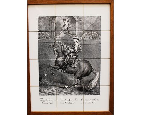 Johann Elias Ridinger ( 1698-1767 )-after, 12 ceramic plates with  horse rider showing a pirouette, framed. 61X48cm