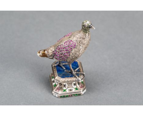 Pheasant  sculpture, on octagonal base with lapislazuli top, silver with rich enamel decorations and red ruby feather cloth c