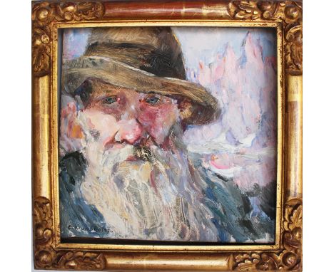 E. Krumbholtz around 1919, portrait of a man in the Alps, oil on board signed and described on the reverse framed under glass