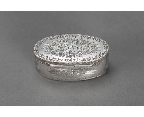 Silver snuff box,  oval shape with engraved floral and ornamental decorations; inside gilded, hallmarked Belgium Ath, 1770, s