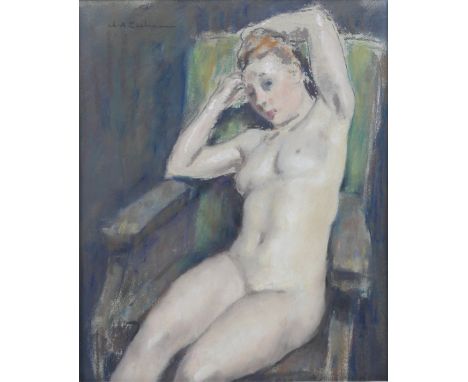 Charles Auguste Edelmann (French, 1879-1950): portrait of a seated female nude in a green chair, pastel, signed upper left, 4