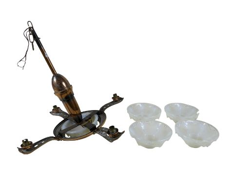 An Art Deco copper four branch chandelier, 60 by 62cm, with four light shades, one damaged, each 9 by 20.5cm. (6)